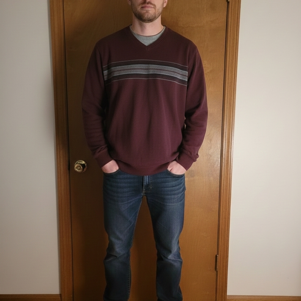 Van Heusen Burgundy V-Neck Sweater with Charcoal Stripes